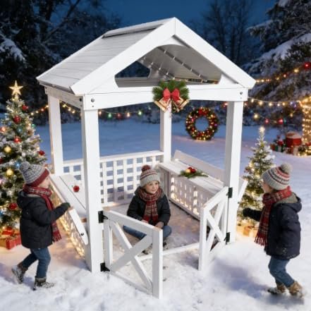 Outdoor Wooden Playhouse with Bench and Door, Backyard Clubhouse, Cedar Wood Construction, Rustic Design for Imaginative Play