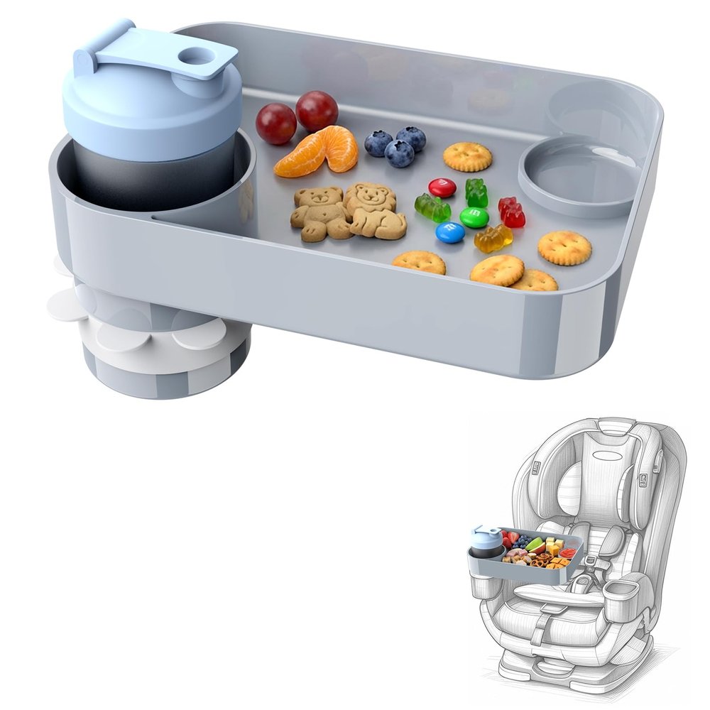 2Pack Car Seat Snack Tray for Kids, Mess-Free Square Travel Tray Cup Holder Snack Tray, Durable Car Food Tray for Toddlers, Universal Fit Kids Travel Road Trip Essentials (2, Grey)
