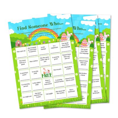 GYNNCRIO Easter Find Someone Who Bingo Cards, Spring Rainbow Bunny Eggs Bingo Game for Large Group Family, Outdoor Ice Breaker Game for Adults, Fun Easter Party Gifts Supplies, 01