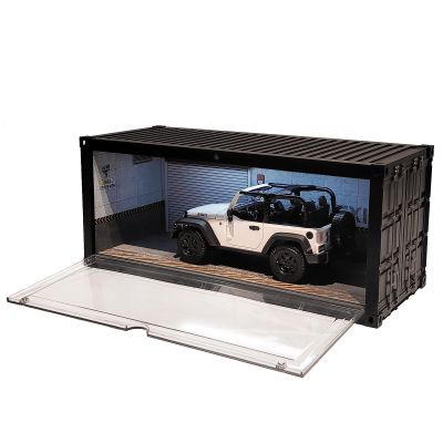 1/18 Scale Model Car Display Case with LED Light, Shipping Container Style Garage Diorama Show Case with Concrete Texture & Roller Door Backdrop, Stackable Showcase for Diecast Vehicles