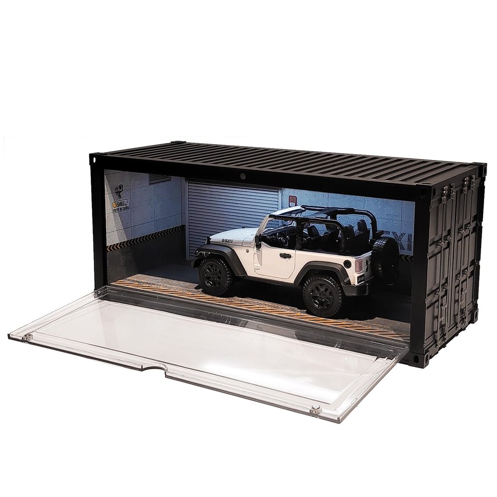 1/18 Scale Model Car Display Case with LED Light, Shipping Container Style Garage Diorama Show Case with Concrete Texture & Roller Door Backdrop, Stackable Showcase for Diecast Vehicles