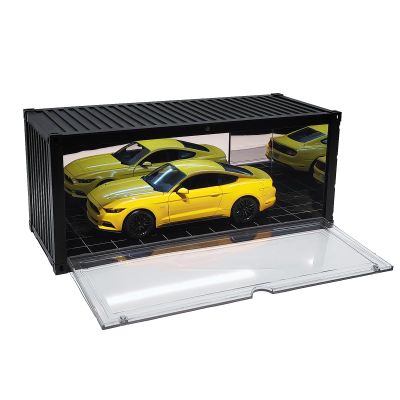 1/18 Scale Model Car Display Case with LED Light, Shipping Container Style Garage Diorama Show Case - Modern Mirror Reflective Interior, Grid Floor Showroom Design, Stackable Showcase for Diecast Vehi