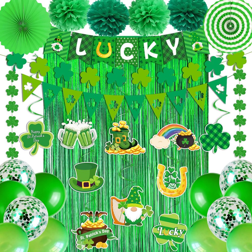 47Pcs St Patricks Day Decorations, St. Patrick's Day Decorations Kit Shamrock Lucky Banner Garlands Hanging Swirls Fringe Curtain for Home Irish St. Patrick's Day Decor