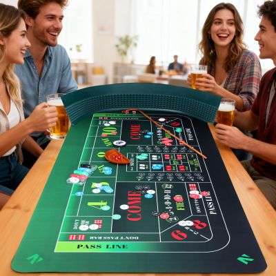 NEWTRY Craps Game Set: 3570 Craps Tabletop Layout, 48x11Rubber Diamond Pyramid Bumper, 36 Rattan Stick, 5pcs Professional dice, 100 pcs Chips & ON/Off Buttons for Game Nights (Gradient Green)