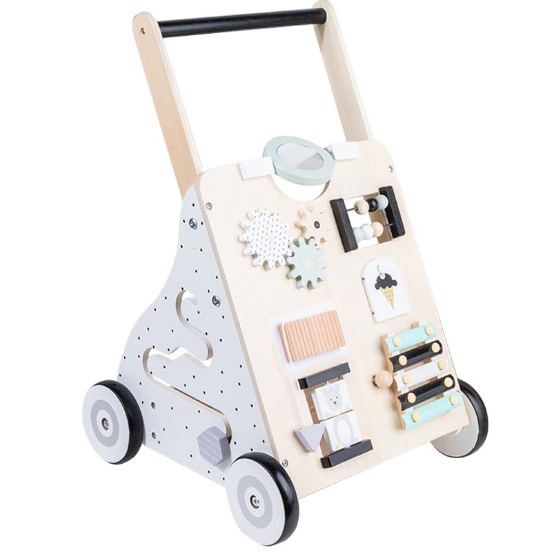 Domaker Wooden Activity Walker,Push and Pull Learning Cart with Gears forDevelops Motor Skills & Stimulates Creativity(White)