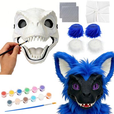 DIY Dinosaur Mask with Fur Felt Sheet Eyes Mesh Set,Hard Plastic Dino Mask Moving Jaw,Therian Fursuit Head Base Outfit (Blue)