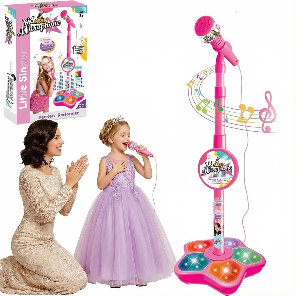 Kids Microphone, 2026 New 5-in-1 Karaoke Machine Toy with Adjustable Height, Built-in Speaker, LED Lights & Music, for Boys and Girls Singing(Pink)