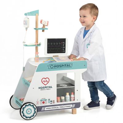 Costzon Kids Wooden Doctor Cart, Pretend Medical Station Toy Set w/ 24 Interactive Accessories, Rolling Wheels, Thermometer, Stethoscope & Rotary Screen, Toddler Mobile Doctor Activity Center (Green)