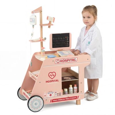 Costzon Kids Wooden Doctor Cart, Pretend Medical Station Toy Set w/ 24 Interactive Accessories, Rolling Wheels, Thermometer, Stethoscope & Rotary Screen, Toddler Mobile Doctor Activity Center (Pink)