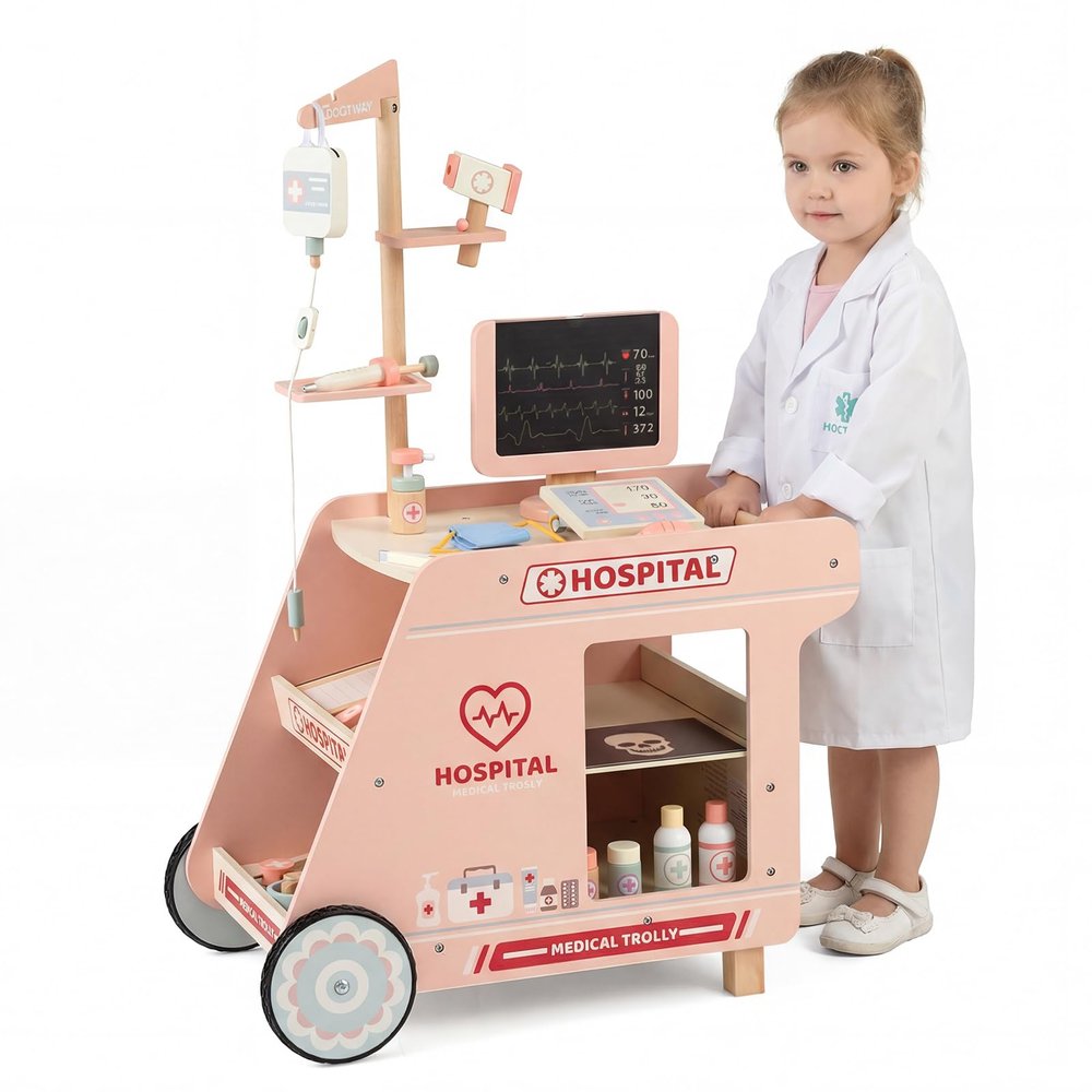 Costzon Kids Wooden Doctor Cart, Pretend Medical Station Toy Set w/ 24 Interactive Accessories, Rolling Wheels, Thermometer, Stethoscope & Rotary Screen, Toddler Mobile Doctor Activity Center (Pink)