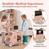 Costzon Kids Wooden Doctor Cart, Pretend Medical Station Toy Set w/ 24 Interactive Accessories, Rolling Wheels, Thermometer, Stethoscope & Rotary Screen, Toddler Mobile Doctor Activity Center (Pink) view 2