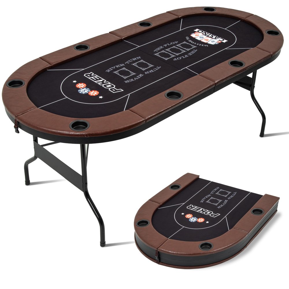 BEHOO 8 Player Folding Poker Tables, Texas Holdem Table with Padded Rails & Cup Holders, Foldable Casino Poker Table, Oval Blackjack Tables Foldable Leisure (Black)