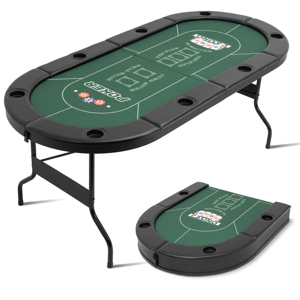BEHOO 8 Player Folding Poker Tables, Texas Holdem Table with Padded Rails & Cup Holders, Foldable Casino Poker Table, Oval Blackjack Tables Foldable Leisure (Green)