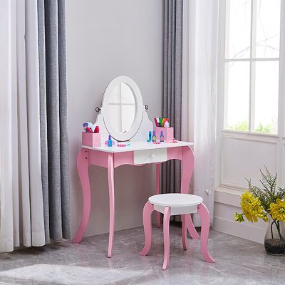RASTKY Kids Wooden Vanity Set with Rotating Mirror and Stool for Girls Princess Dressing Table Pink for Children Bedroom