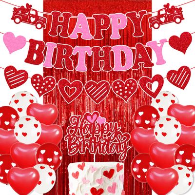 27 PCS Valentine's Birthday Decorations Happy Birthday Banner Valentine's Bday Cake topper Red Hanging Swirls Balloons Backdrop Baby Shower Theme for Bday Party Supplies