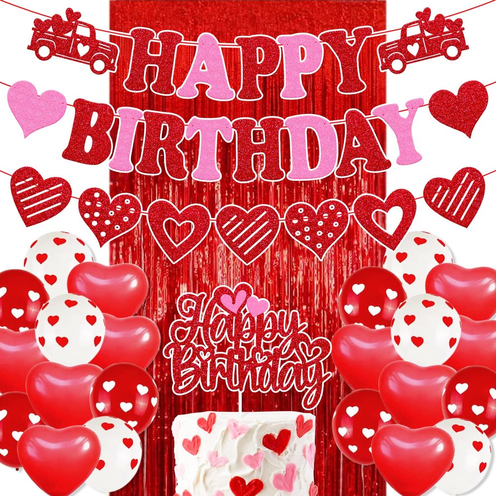 27 PCS Valentine's Birthday Decorations Happy Birthday Banner Valentine's Bday Cake topper Red Hanging Swirls Balloons Backdrop Baby Shower Theme for Bday Party Supplies