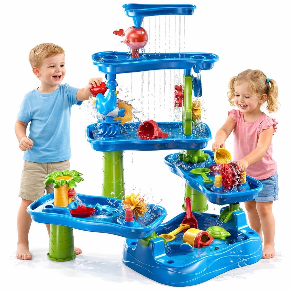 5-Tier Water Table Toys for Toddlers Kids 1-3 4-8, Sand Water Table with Rain Showers Pond, Kids Beach Summer Outdoor Toys Sand and Water Sensory Table, Gifts for Kids Boys Girls Ages 2 3 4 5 6 7 8+