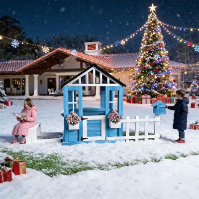Kids Outdoor Playhouse with Door & Windows - Wooden Backyard Play House for Ages 3-8 - 42L x 46W x 55H - Easy Assembly & Flower Planter, with Picnic Bench