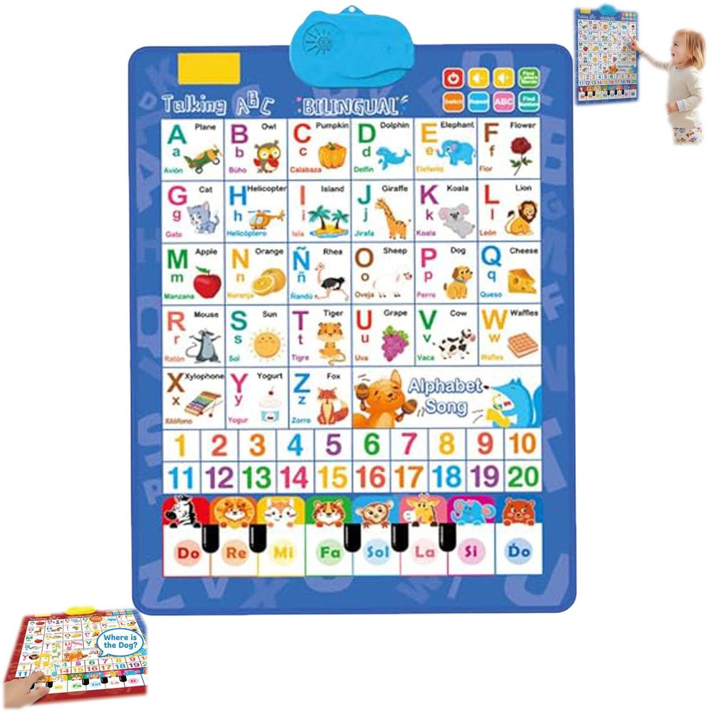 Interactive Bilingual Alphabet Wall Chart for Kids - English & Spanish Talking Poster with Songs, Numbers 1-20 & Piano Keys for Toddlers Ages 3+ Boys Girls (Blue)