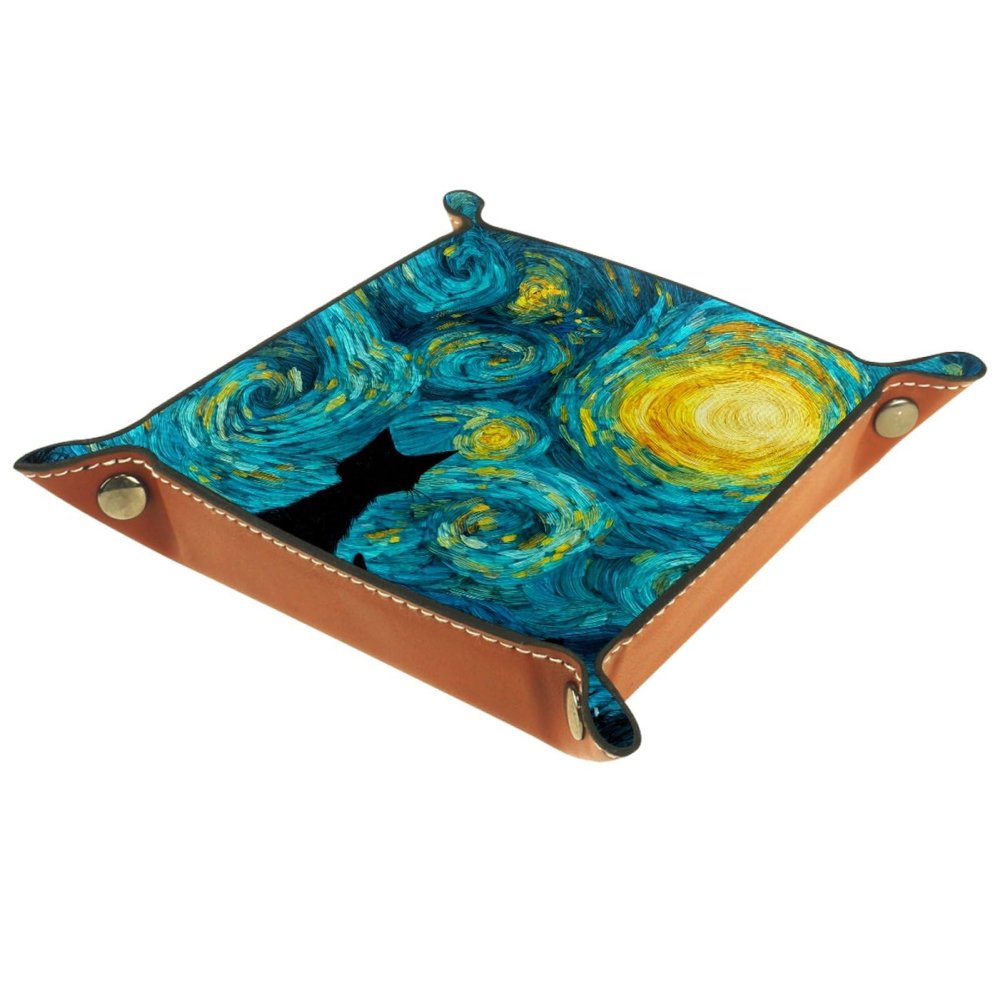 Abstract Starry Sky Cat PU Leather Dice Tray, Folding Rolling Dice Tray Portable Dice Holder Mat Case for RPG D&D Table Games, Brown Jewelry Candy Key Trays Storage Box, 6.3x6.3 Inch