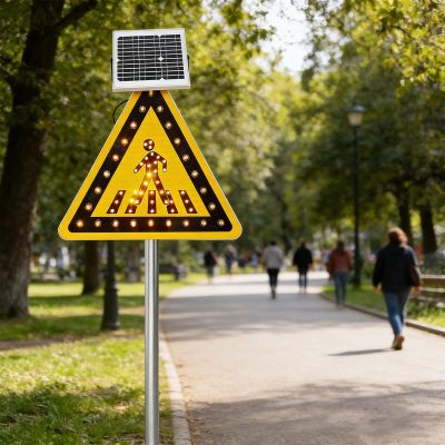 Kindevieft Solar Powered Pedestrian Crossing Sign, Flashing Led Highlight Road Traffic Blinking Street Warning Sign, Ip65 Crosswalk Signs for Park,School,Urban Road 24in