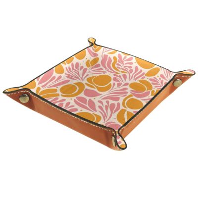 Folding PU Leather Dice Roller Tray, Abstract Pink Orange Leaves DND Dice Holder, Backgammon and Dice Games Alike, Storage Box and Organizer for Key Wallet Watch Coin Jewelry, 8.1"x8.1"
