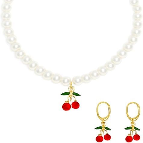 Charming Pearl Cherry Necklace And Earring Set For Girls - 1 Set