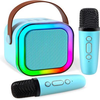 Mini Karaoke Machine for Kids & Adults, Portable Bluetooth Speaker with 2 Wireless Microphones, LED Lights, Voice Changer, Singing Karaoke System for Home Party, Birthday Gifts for Boys Girls (Blue)