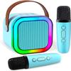 Mini Karaoke Machine for Kids & Adults, Portable Bluetooth Speaker with 2 Wireless Microphones, LED Lights, Voice Changer, Singing Karaoke System for Home Party, Birthday Gifts for Boys Girls (Blue)