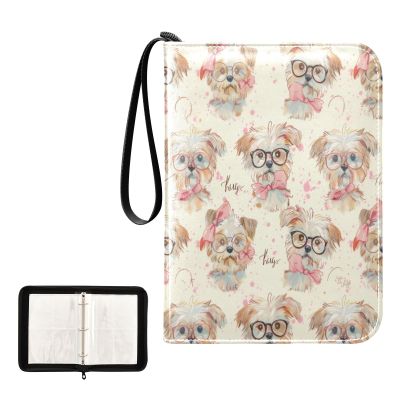 Cute Glasses Dogs Card Binder 4 Pocket Portable Trading Collection Album Holder Binder Game Card Case Book with Zipper 400 Game Cards 50 Removable Sleeve