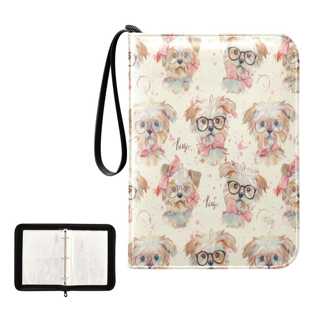 Cute Glasses Dogs Card Binder 4 Pocket Portable Trading Collection Album Holder Binder Game Card Case Book with Zipper 400 Game Cards 50 Removable Sleeve