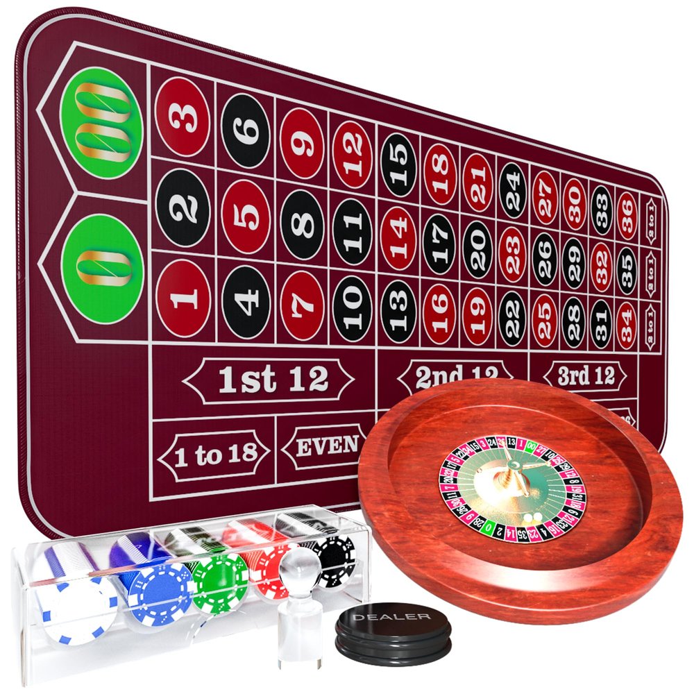 iEsstros 11 Inch Roulette Wheel Set for Adults with Rubber Roulette Table Mat 35" x 16" Wood Roulette Wheel 11 Inch 100 Poker Chips Set Win Mark Dealer Button-Red