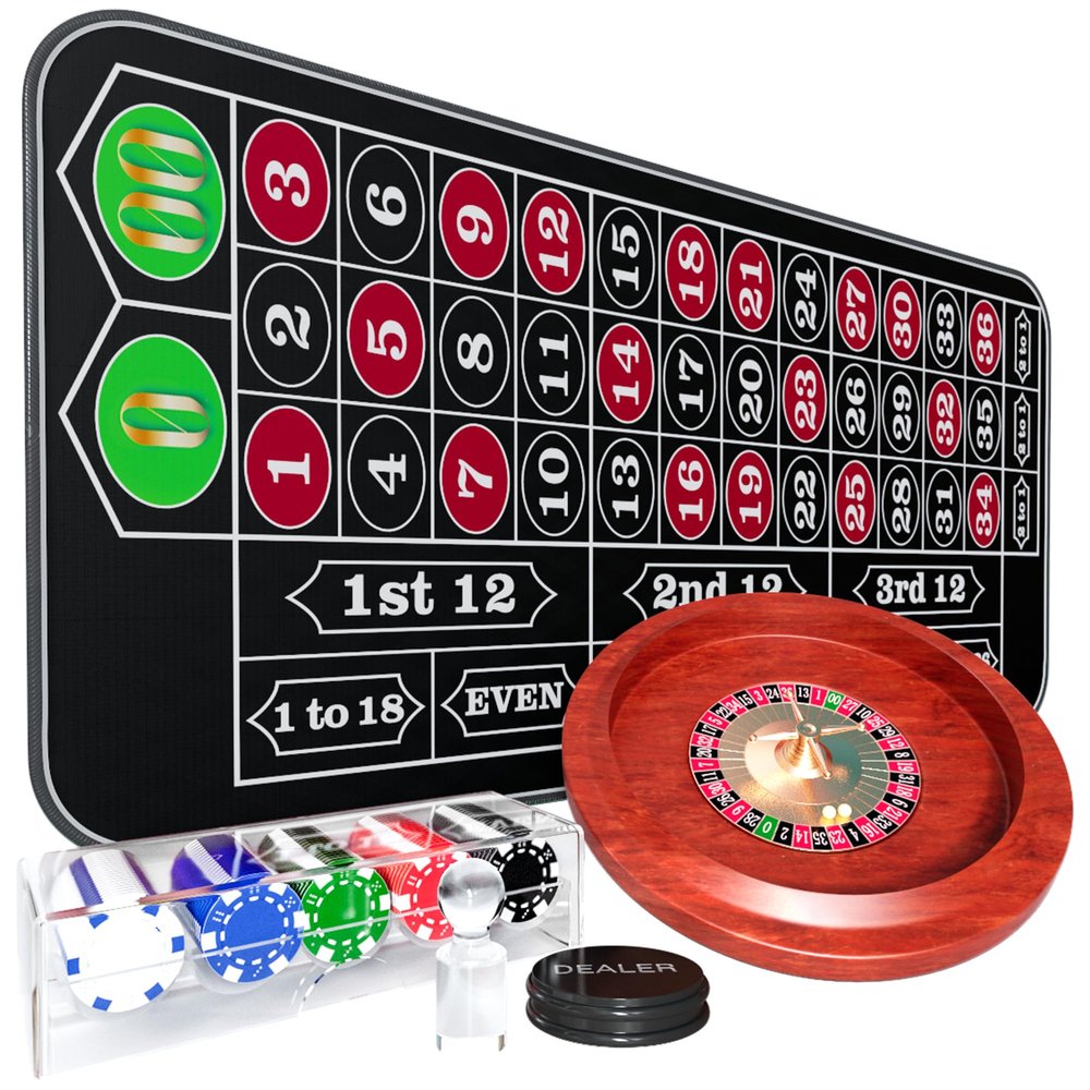 iEsstros 11 Inch Roulette Wheel Set for Adults with Rubber Roulette Table Mat 35" x 16" Wood Roulette Wheel 11 Inch 100 Poker Chips Set Win Mark Dealer Button-Black