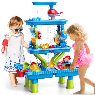 WATUDOU 4-Tier Sand and Water Table for Toddlers 18M+, Outdoor Splash Water Play Activity Set for Kids Ages 2 3 4 5 6 7 Years, Summer Beach & Poolside Sensory Toys for Boys Girls 18M+