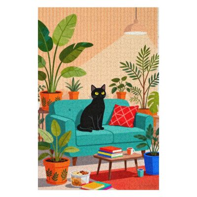 Black Cat on Couch Jigsaw Puzzle 1000 Pieces for Adults, Cozy Indoor Scene with Potted Plants Artwork, Relaxing Illustration, Cat Lover Wall Art Decor