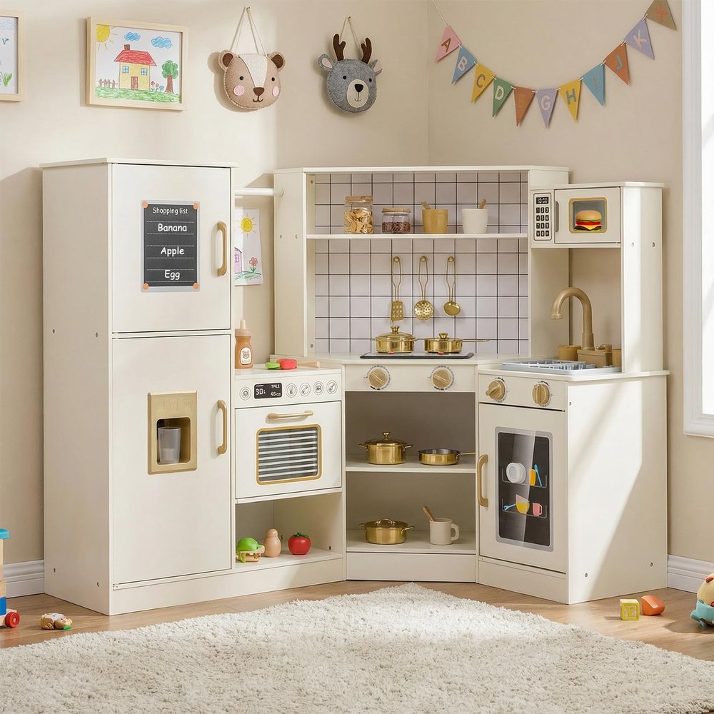 HONEY JOY Corner Play Kitchen, Wooden Pretend Toy Kitchen Set w/Water Circulation Faucet, Ice Maker, Cookware, Microwave, Oven with Lights and Sound, Little Chef Kids Kitchen Playset for Toddlers Gift