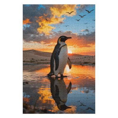 Penguins in the Desert Wooden Jigsaw 500 Pieces for Adults, Surreal Lake Reflection Wildlife Artwork, Challenging Family Activity, Finished Size 20.5x15 in, Creative Gift and Wall Art