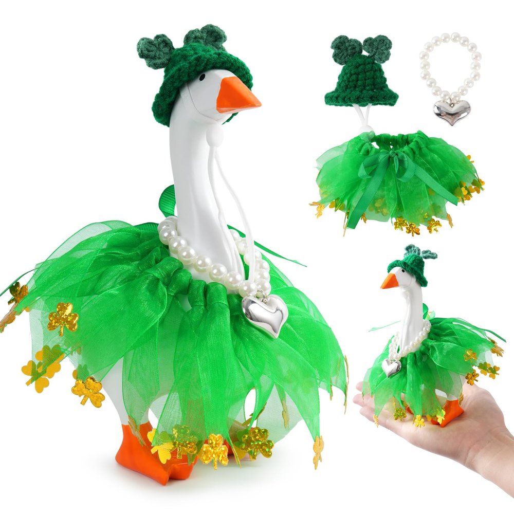 linastu 3 Pcs 7inch Desk Goose Outfits, Mini Desktop Goose Clothes with St. Patrick's Day Knitted Hat, Heart-Shaped Necklace and Tutu Dress for Magnetic Goose Statue (St. Patrick's Day)