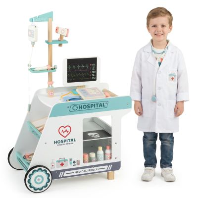 HONEY JOY Wooden Doctor Kit for Toddlers, Pretend Play Kids Hospital Doctor Playset w/Cart, CT Machine, Mobile Medical Station Dentist Vet Clinic, Interactive Accessories, Gift for Boys Girls (Blue)