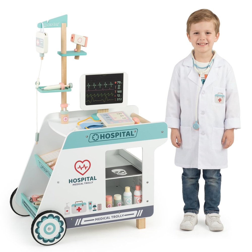HONEY JOY Wooden Doctor Kit for Toddlers, Pretend Play Kids Hospital Doctor Playset w/Cart, CT Machine, Mobile Medical Station Dentist Vet Clinic, Interactive Accessories, Gift for Boys Girls (Blue)