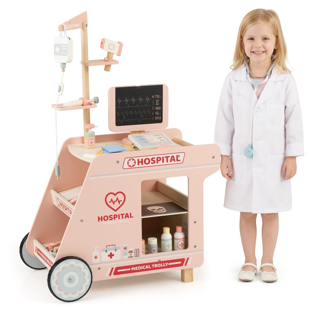 HONEY JOY Wooden Doctor Kit for Toddlers, Pretend Play Kids Hospital Doctor Playset w/Cart, CT Machine, Mobile Medical Station Dentist Vet Clinic, Interactive Accessories, Gift for Boys Girls (Pink)