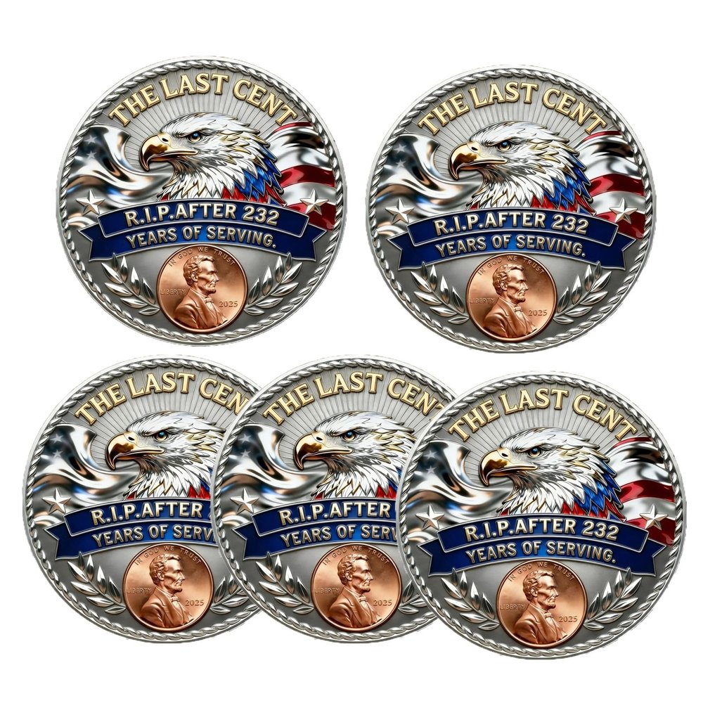 2025 New Final Cent Tribute Coin, Final Cent Memorial Coin 1909-2025 - Nostalgic Commemorative Token, American Eagle Design with Flag, Gift for History & Coins Enthusiasts (5PCS)