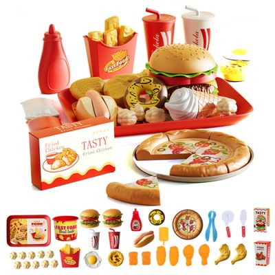 63-Piece Kids Food Play Set, Simulated Fast Food Set with Tray, Hamburger, Hot Dog, French Fries, Kitchen Accessories for Girls and Boys, Birthday