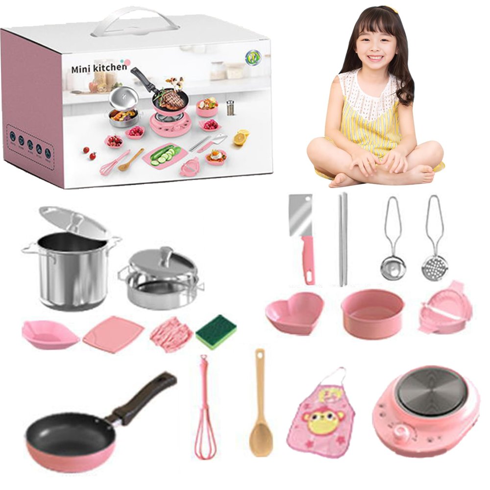 Ferricult Kids Play Kitchen Set, 22pcs/Set Stainless Steel Pretend Cooking with Utensils Cookware, Real Food Making Tool for 7-14 Beginner Cooking Educational Toys