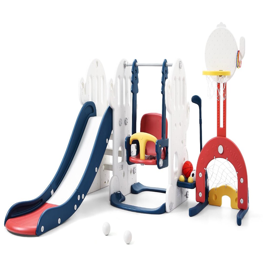 7-in-1 Cactus - Themed PE Slide and Swing Set for Toddlers - Indoor/Outdoor, Blue