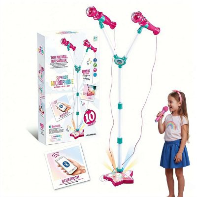 Kids Karaoke Microphone with Stand, Bluetooth Wireless Singing Machine with Rotating Disco Lights & Voice Amplifier, Adjustable Height Microphone Toy for Girls Boys Birthday Gift