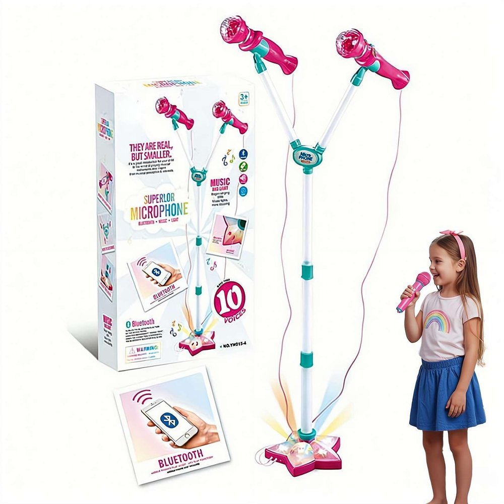 Kids Karaoke Microphone with Stand, Bluetooth Wireless Singing Machine with Rotating Disco Lights & Voice Amplifier, Adjustable Height Microphone Toy for Girls Boys Birthday Gift