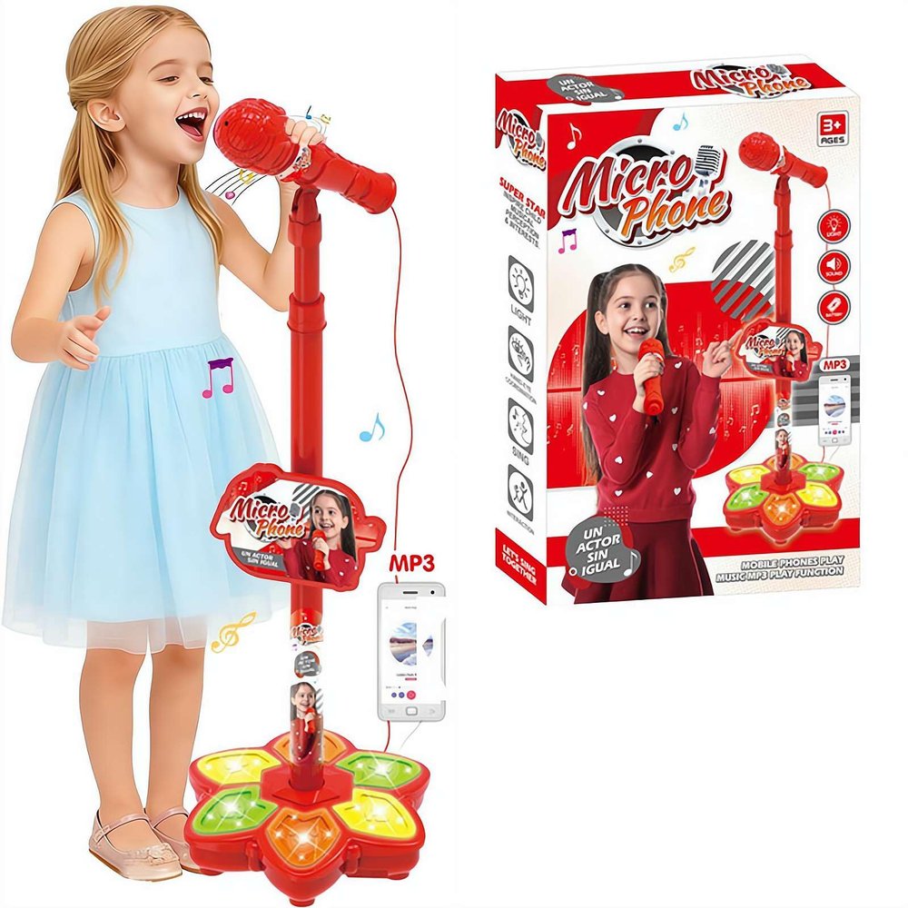Adjustable Kids Karaoke Microphone with Stand, Extends up to 39.4 Height, Detachable Handheld Mic with LED Light Base & Type-C Adapter, Compatible with Android/iOS/PC for Singing & Parties