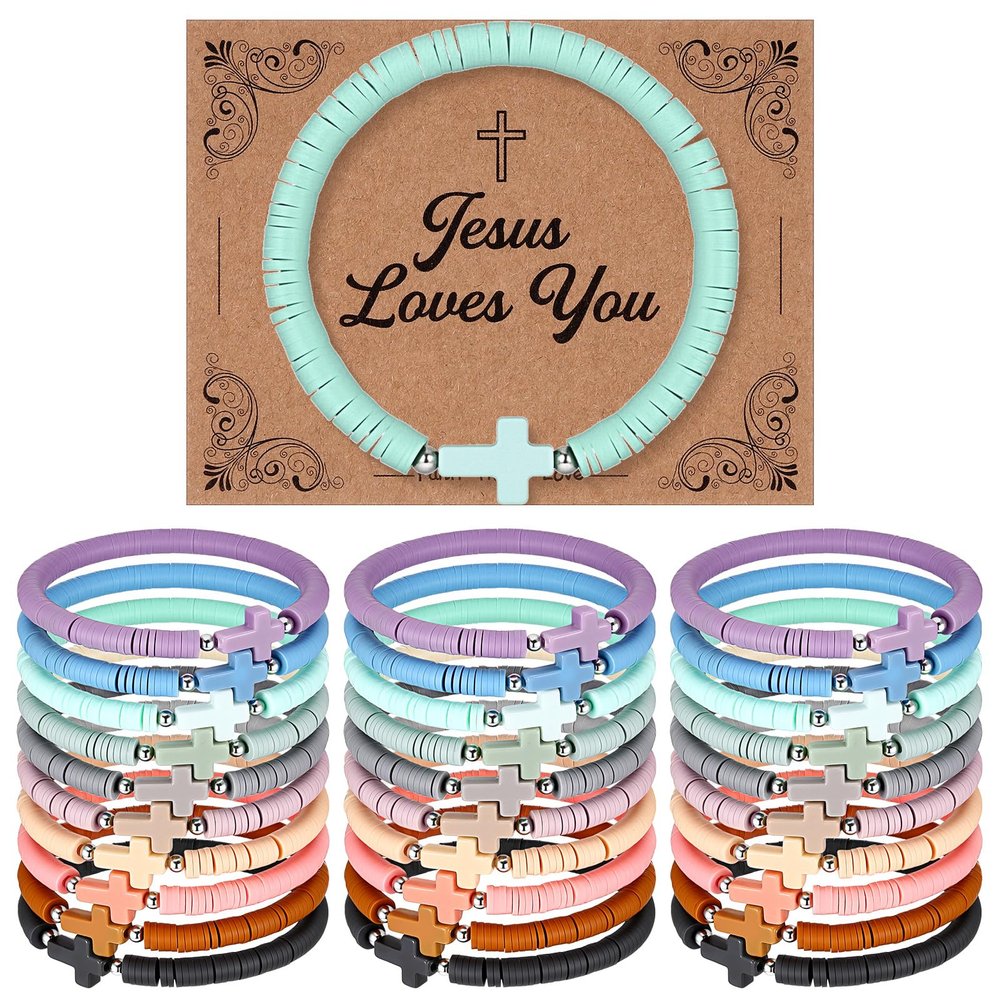 Landical 30 Set Easter Basket Stuffers - Cross Bracelets for Kids Girls Teens Women Religious First Communion Baptism Confirmation Jewelry Christian Catholic Jesus Faith Gifts Trendy Stuff(Morandi)