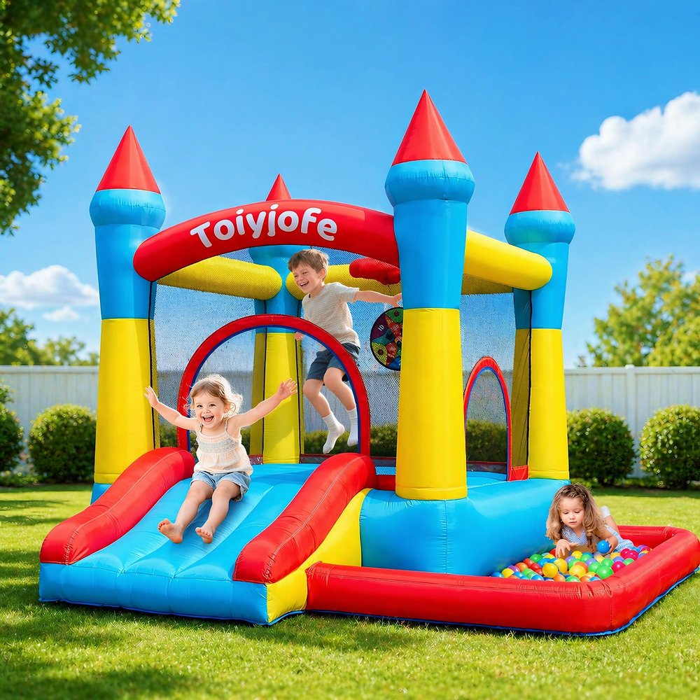 Bounce House for Kids 3-6, with Slide & Ball Pit & Hoop, 5-in-1 Small Indoor Outdoor Inflatable Bouncy Castle, Toddler Jump House for Backyard Family Home Birthday Party, Includes 370W Blower